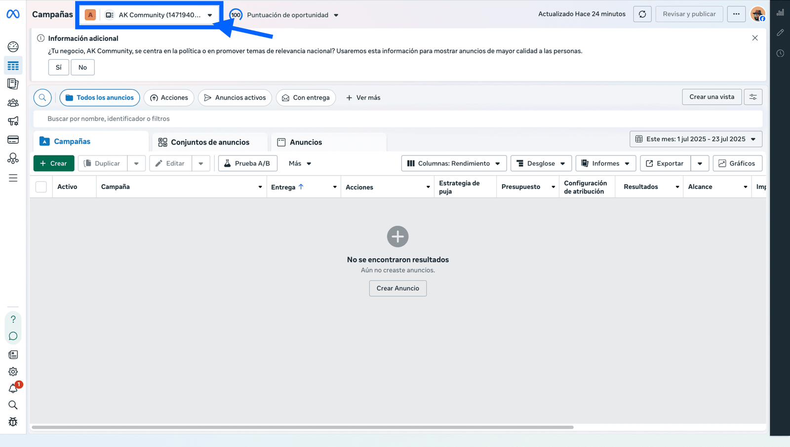 Filtros y selector de cuenta