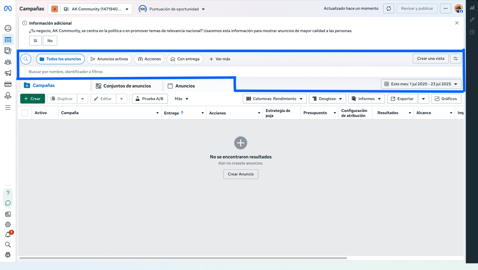 Filtros y selector de cuenta